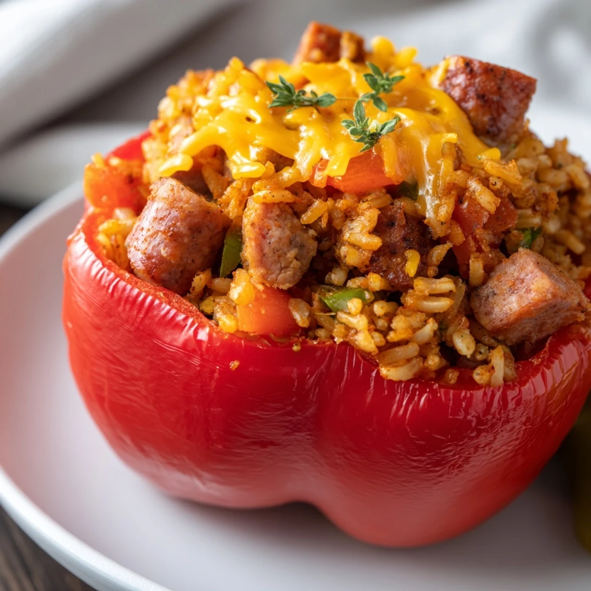 Four vibrant bell peppers, stuffed with a zesty Creole rice and Andouille sausage mixture, baked until tender and topped with melted cheddar cheese.