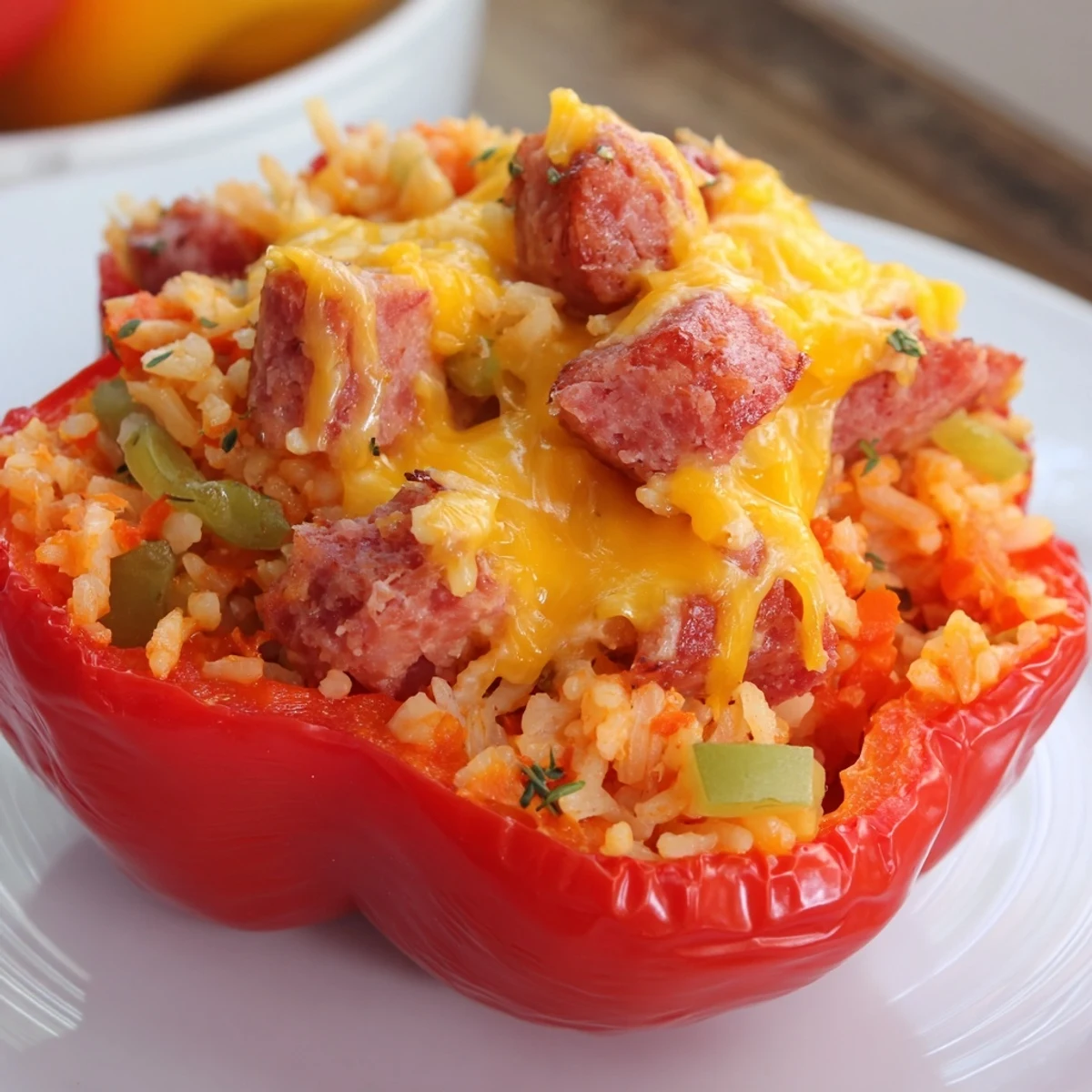 A close-up of Creole stuffed peppers, showcasing the rich, spicy filling of rice, sausage, and vegetables served alongside a crisp green salad.