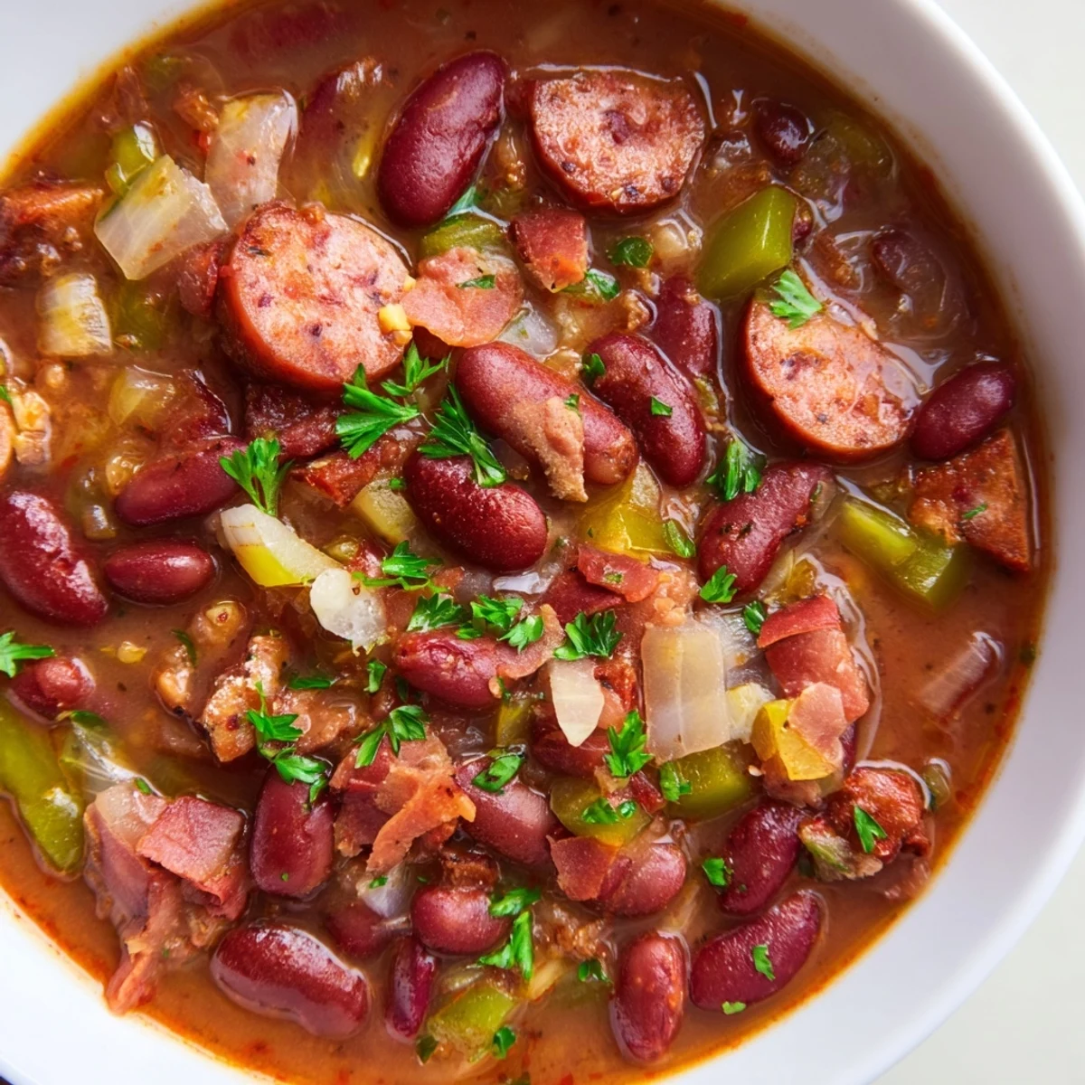 Louisiana Red Bean Soup with Rice ladled into a rustic bowl, topped with smoked sausage, fluffy rice, and fresh parsley.