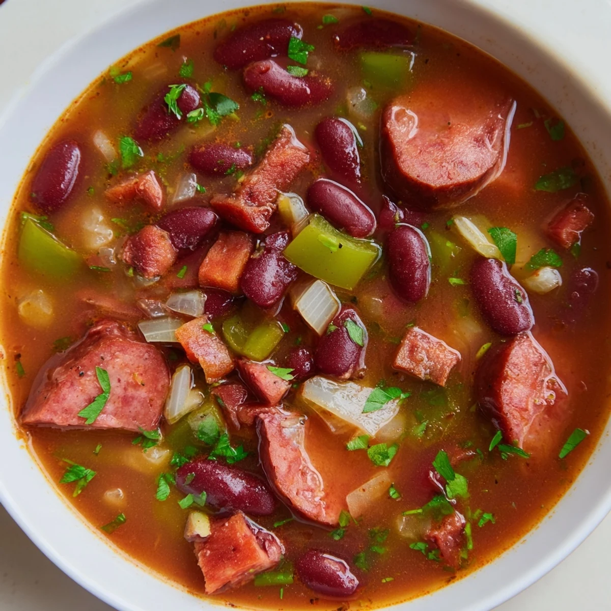 Savory Louisiana Red Bean Soup with Rice served in a white bowl, garnished with green onions and extra beans.