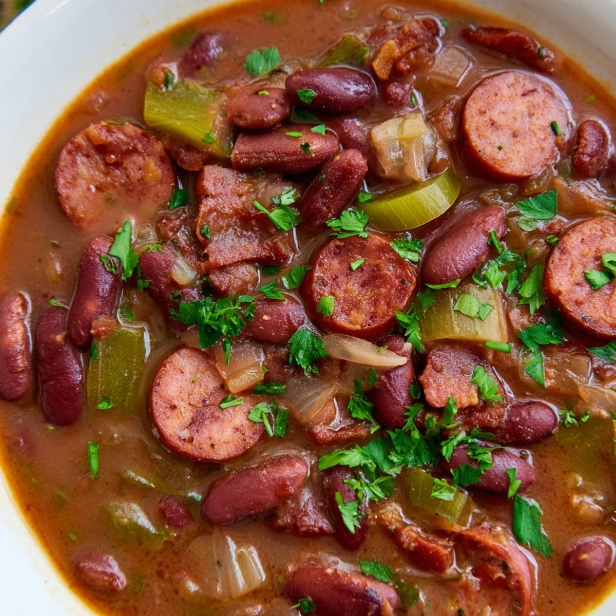 A steaming pot of Louisiana Red Bean Soup with Rice, featuring smoky andouille sausage and tender Creole vegetables.