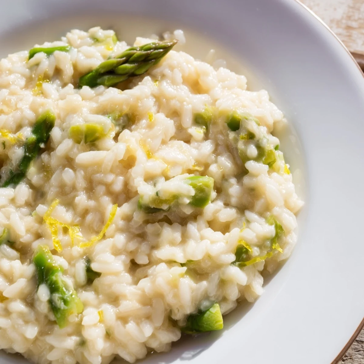 A bowl of creamy Date Night Risotto with Asparagus garnished with shaved Parmesan and lemon zest, served alongside a glass of chilled white wine.