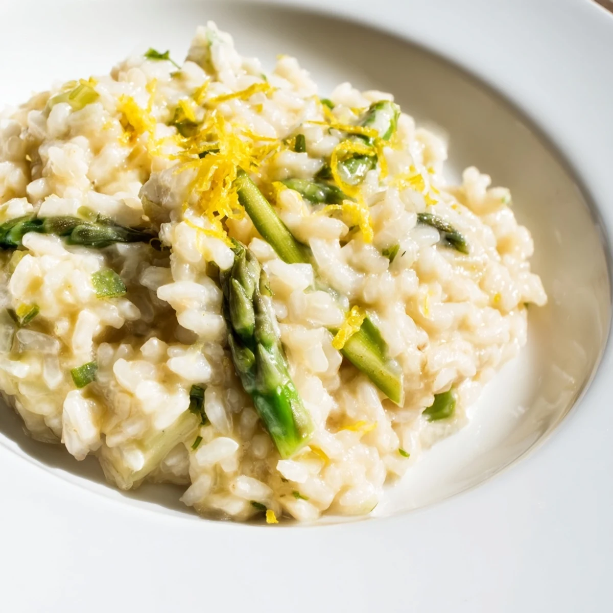 Date Night Risotto with Asparagus features tender spears, rich Parmesan, and a glossy finish, plated elegantly with fresh parsley and a sprinkle of lemon zest.