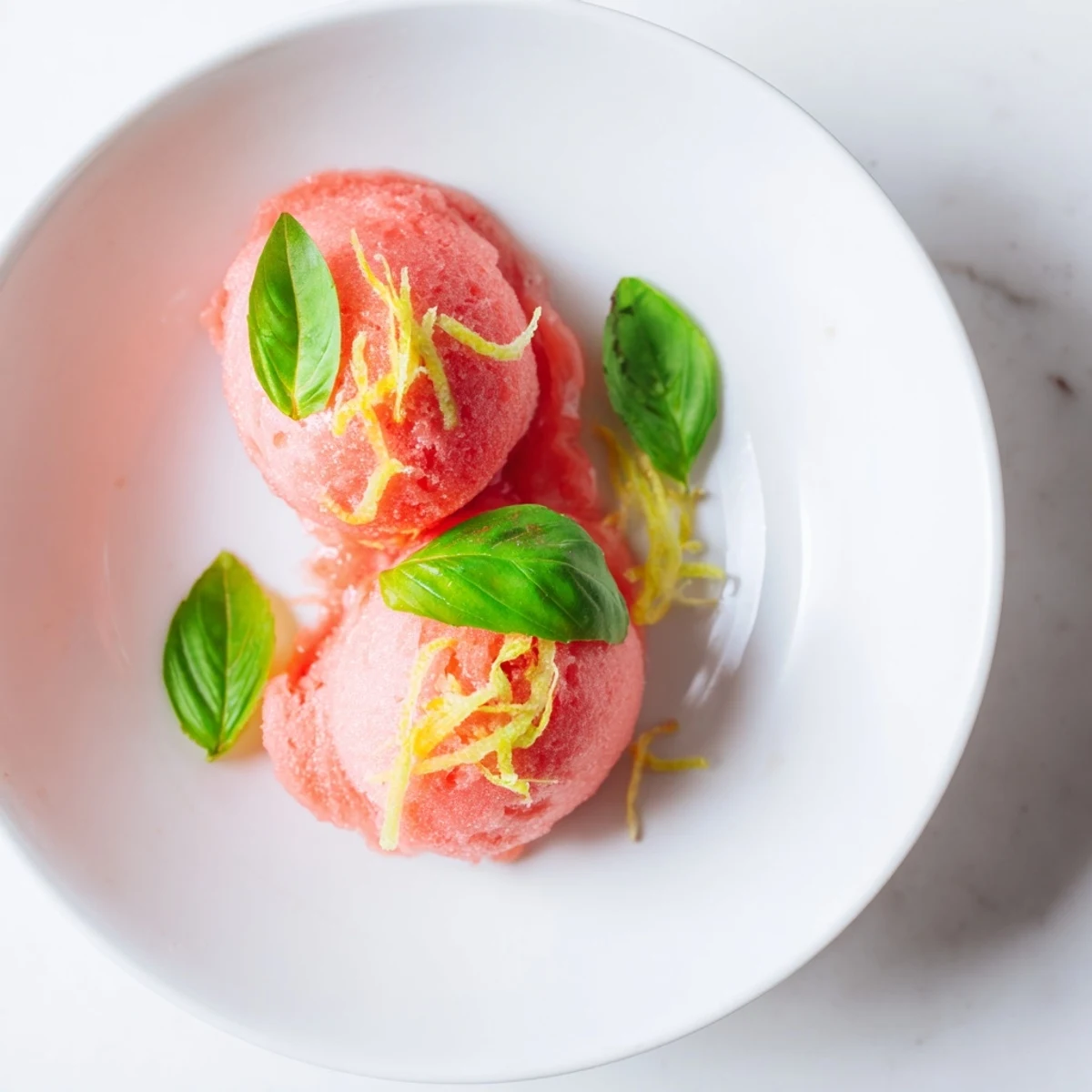 A scoop of vibrant pink grapefruit sorbet topped with fresh basil leaves, served in a chilled glass.