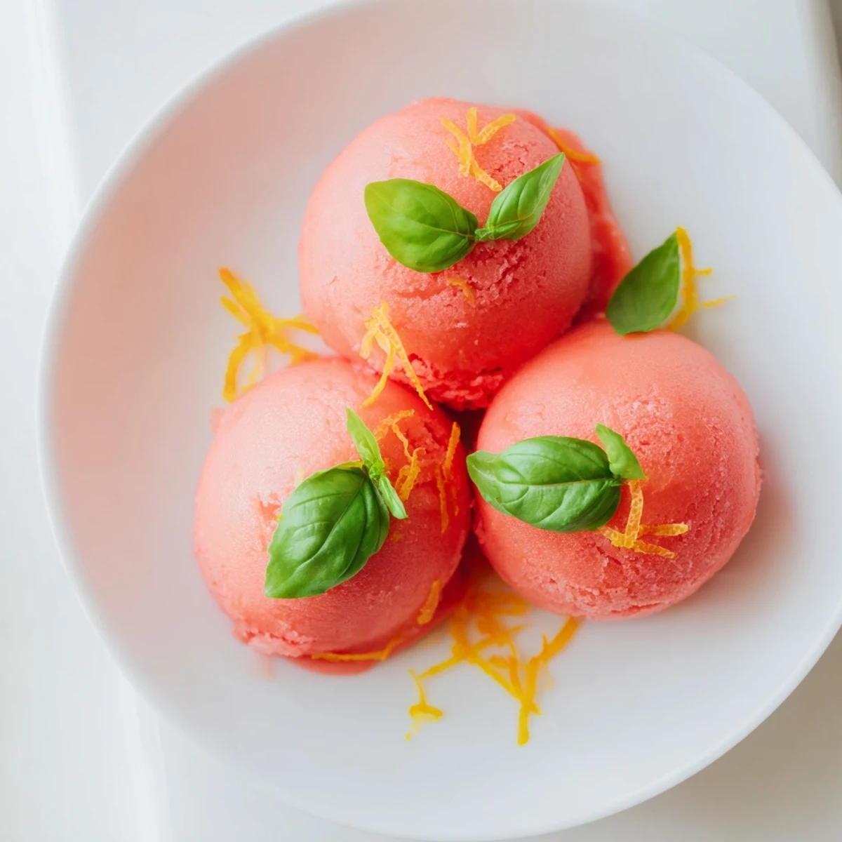 Chilled pink grapefruit sorbet with basil garnish, ready to serve as a refreshing vegan dessert.