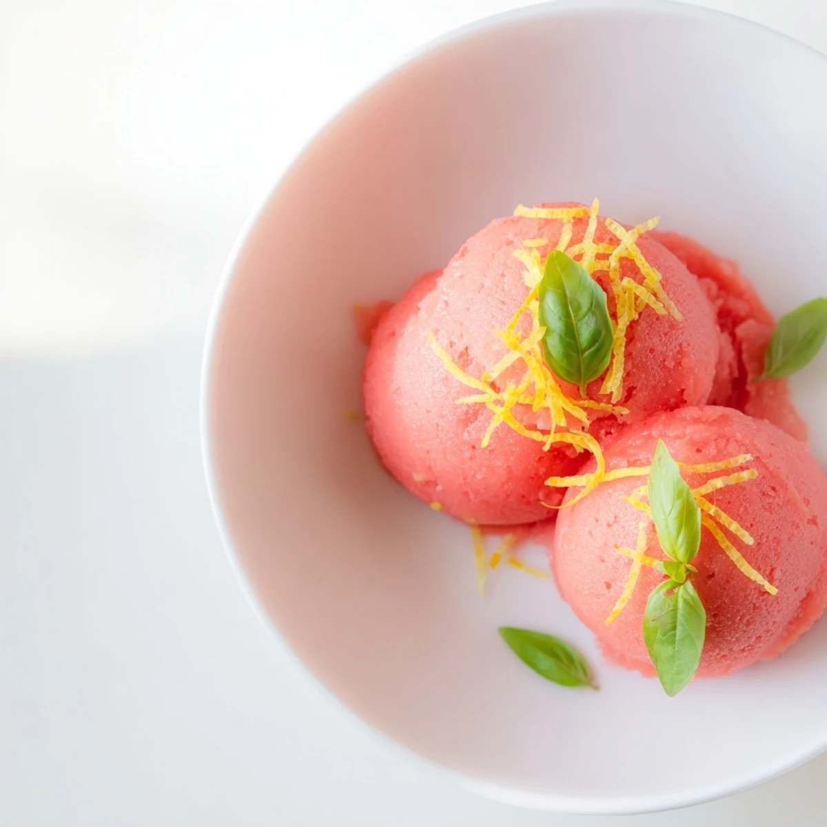 Creamy pink grapefruit sorbet with aromatic basil, perfect as a light and tangy summer treat.
