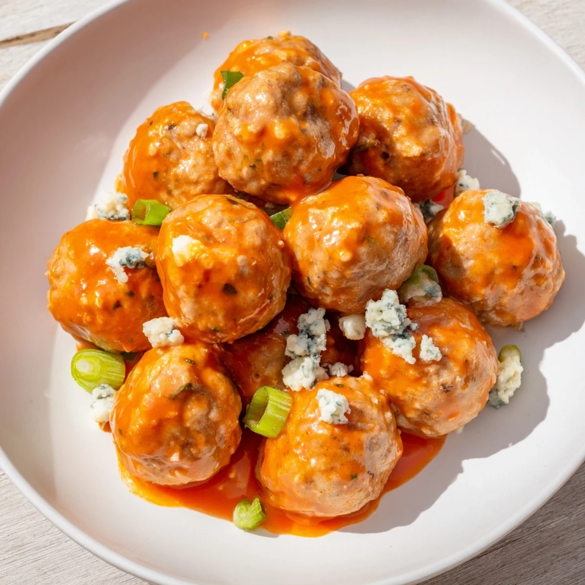 Tender Touchdown Buffalo Chicken Meatballs glistening with spicy red sauce and fresh celery sticks on a plate.
