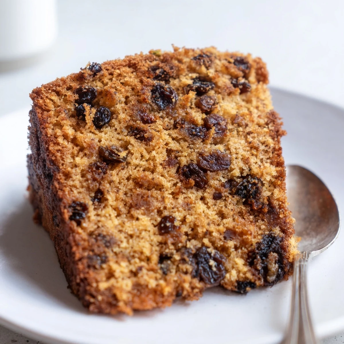 A slice of Irish Tea Cake with Dried Fruit, featuring a moist crumb packed with plump raisins and currants, served on a rustic plate.  