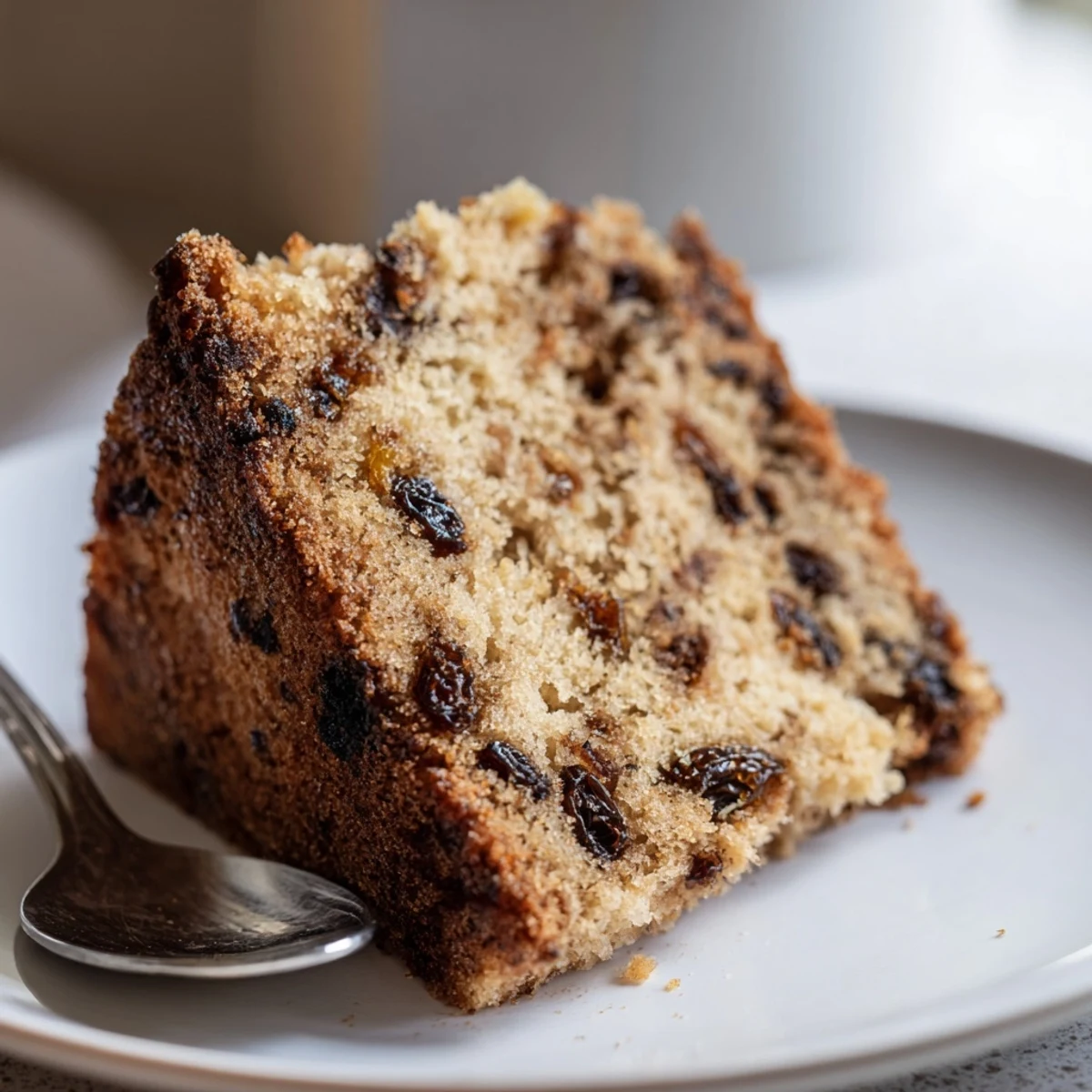 Freshly baked Irish Tea Cake with Dried Fruit cooling on a wire rack, showcasing a golden crust and specks of warm cinnamon and nutmeg.  