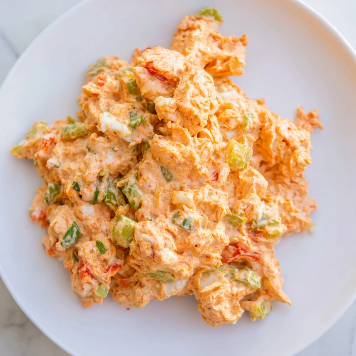 A chilled bowl of Cajun Remoulade Sauce with Crab, featuring creamy texture and visible bits of celery, scallion, and parsley.  