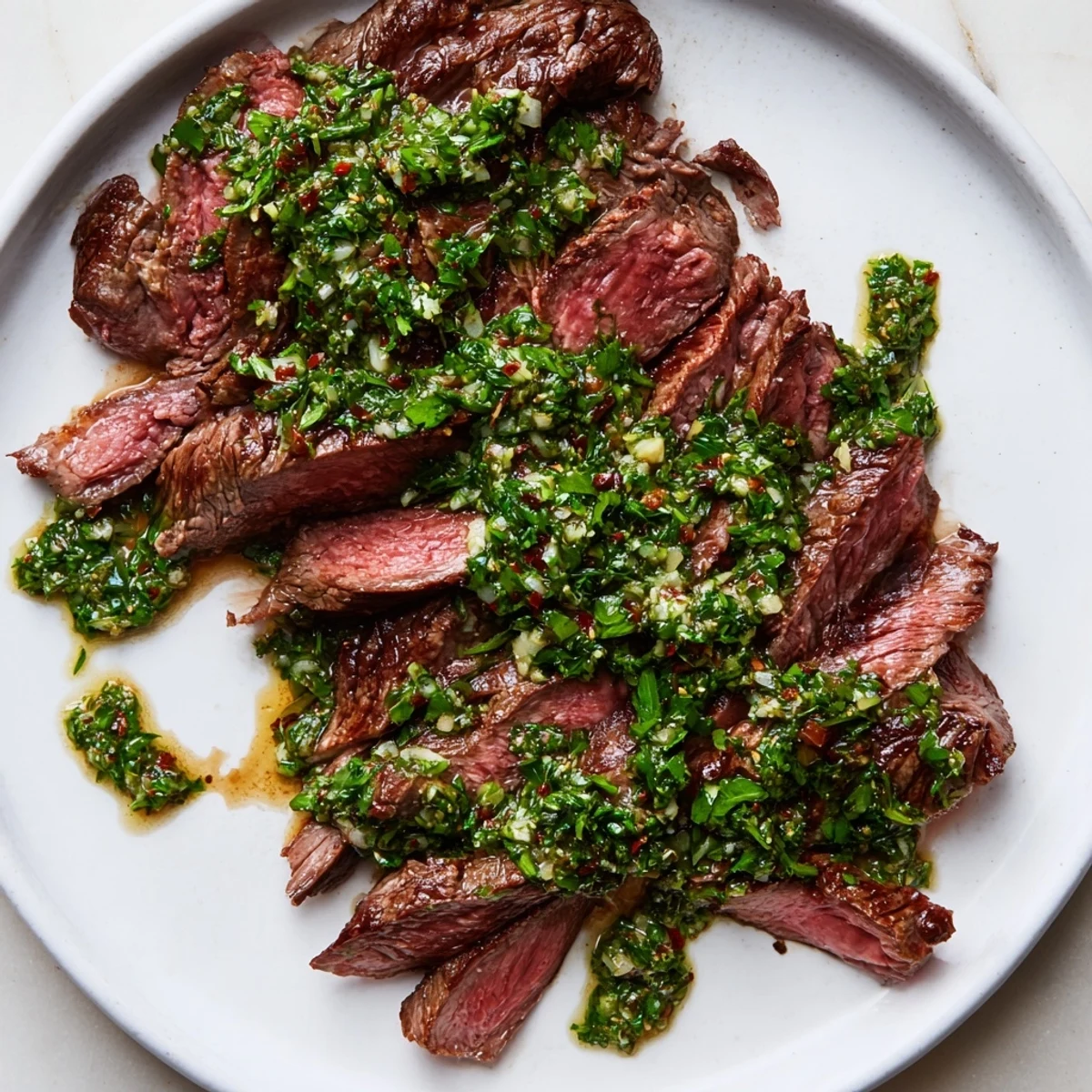 Perfectly seared Date Night Steak with Chimichurri topped with fresh herbs and butter on a plate.