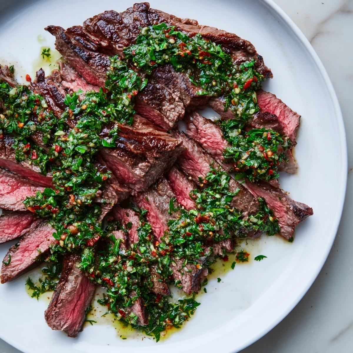Sliced Date Night Steak with Chimichurri served alongside roasted potatoes for a romantic dinner.