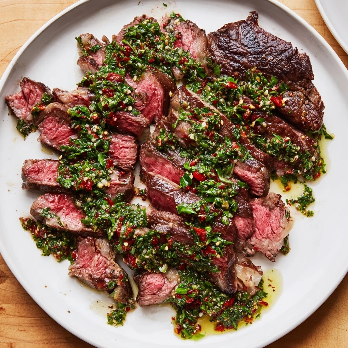 Plated Date Night Steak with Chimichurri featuring a juicy ribeye drenched in vibrant green sauce.