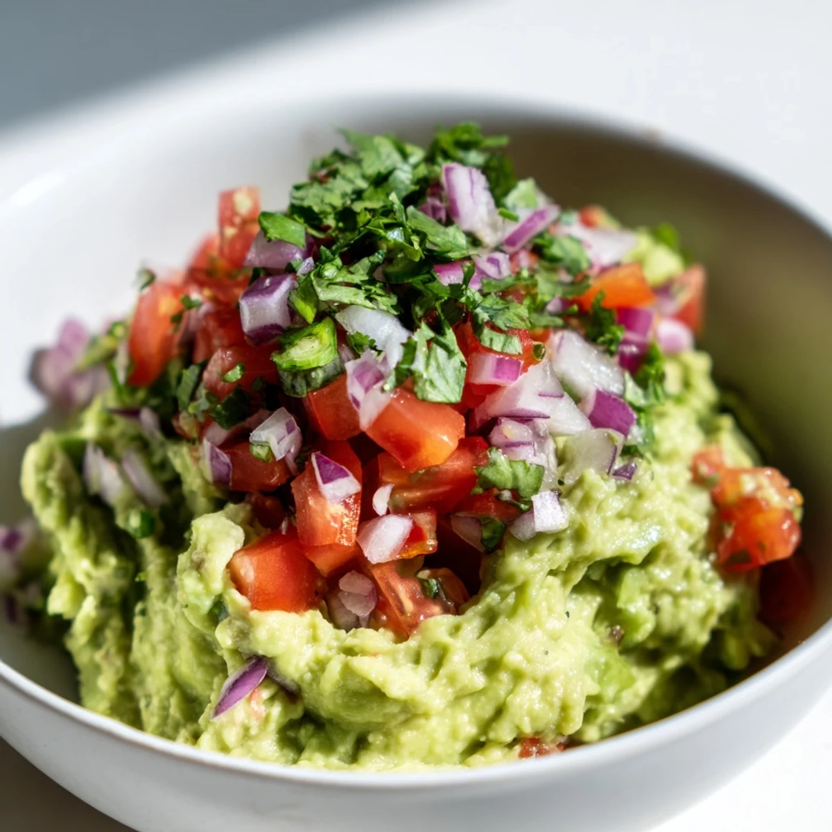 Freshly prepared Super Bowl Guacamole with Pico de Gallo, showcasing chunky diced tomatoes and red onion atop smooth, lime-seasoned avocado.