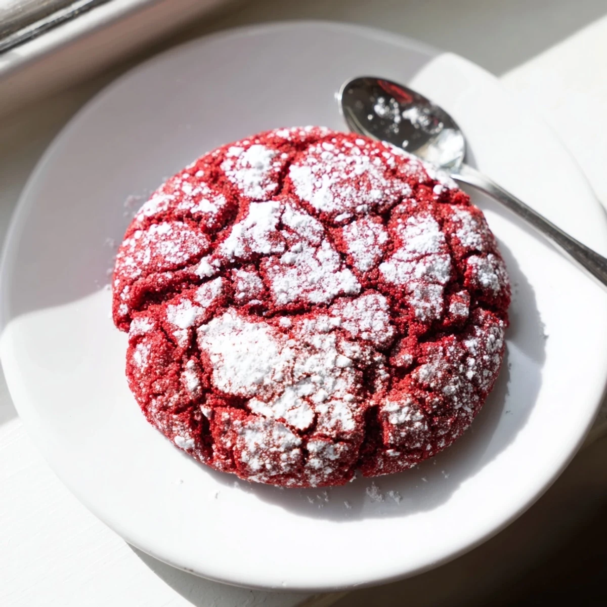 Freshly baked Red Velvet Crinkle Cookies resting on a wire rack with powdered sugar coating.
