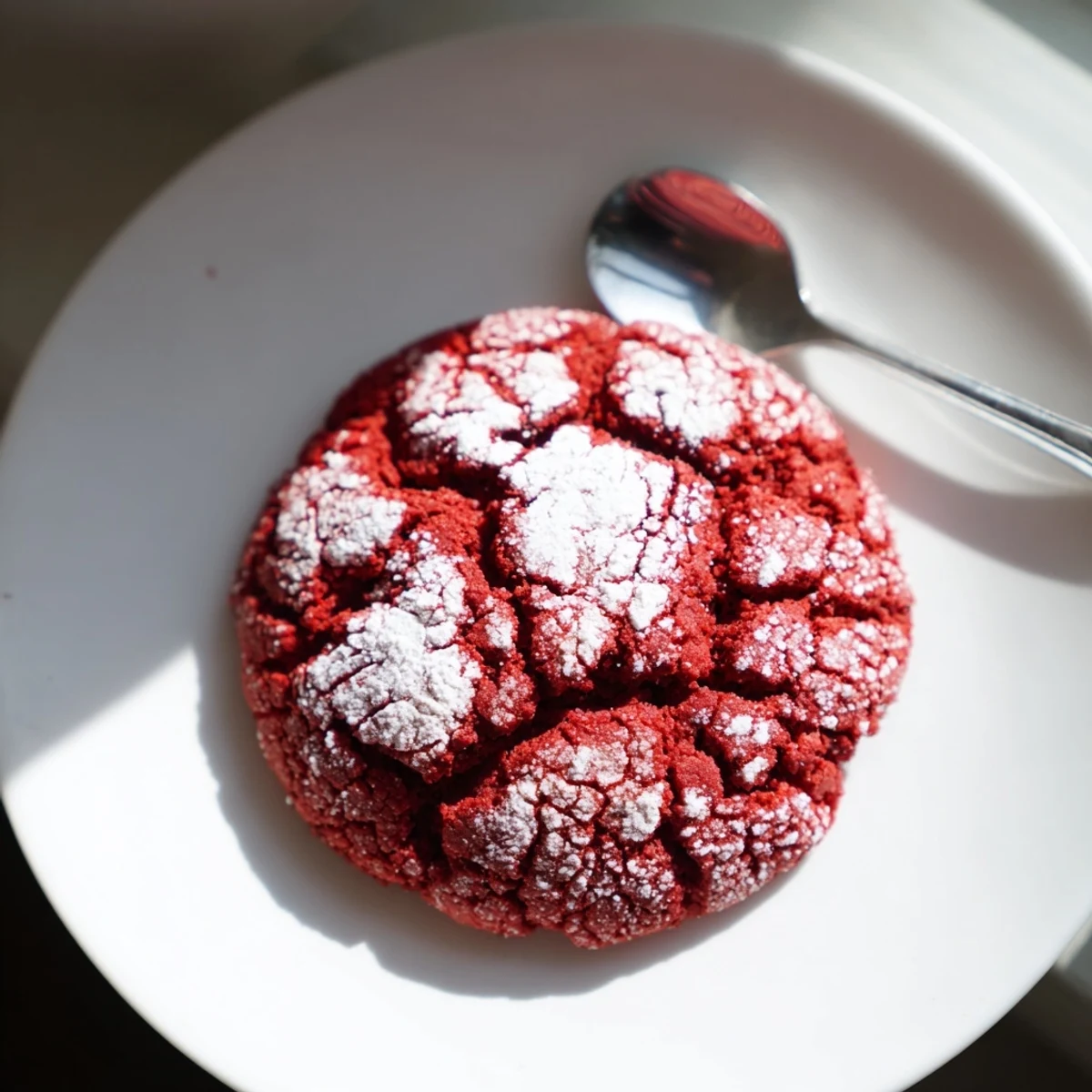 A plate of Red Velvet Crinkle Cookies served with a tall glass of cold milk.