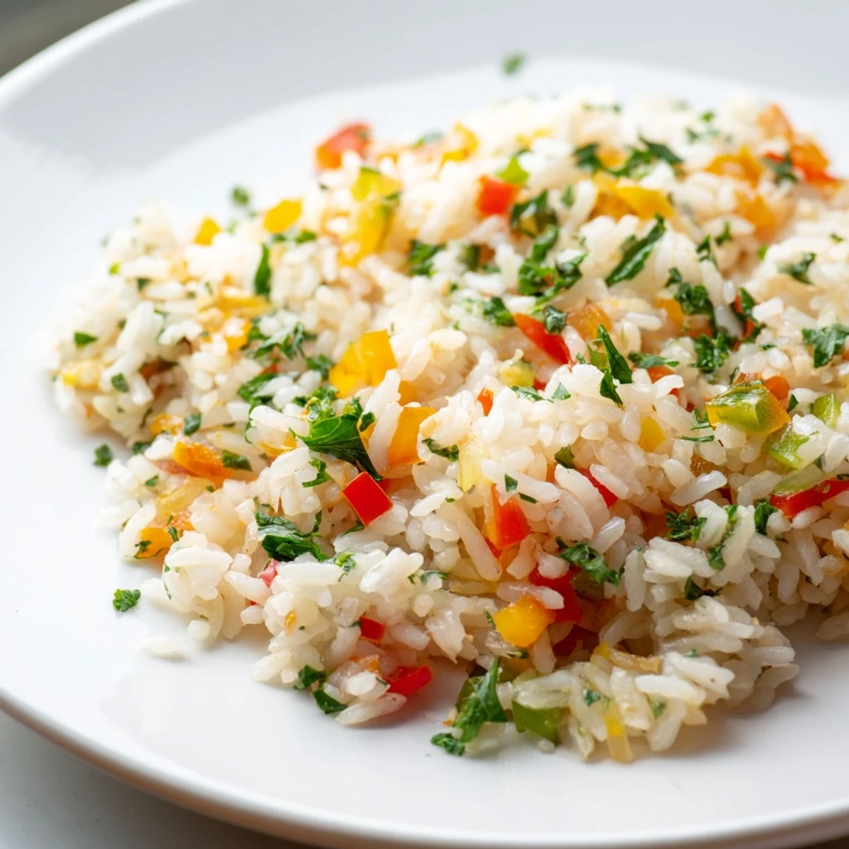 Fluffy Creole Rice Pilaf with peppers and onions is served as a savory side dish next to grilled chicken.