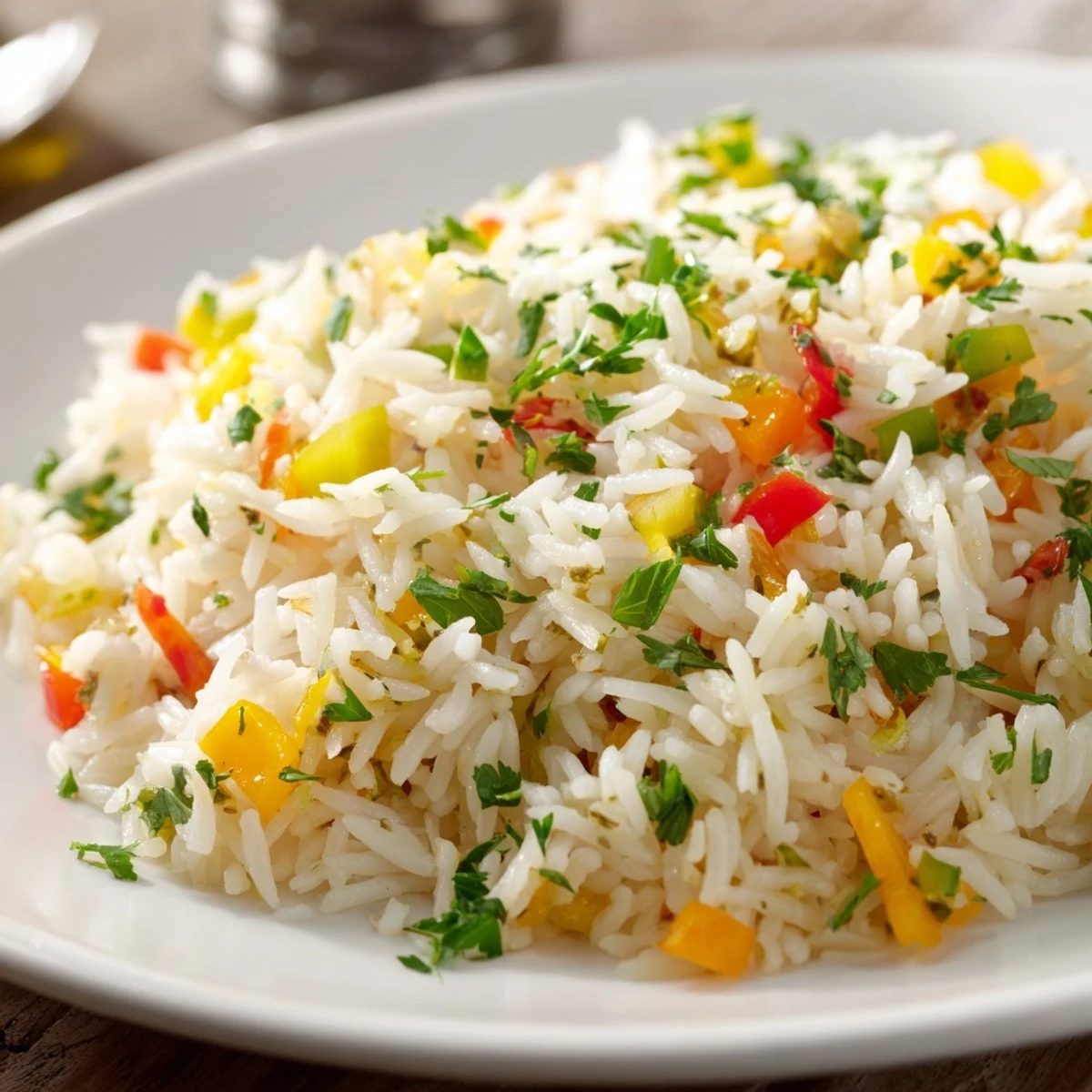 Overhead view of steaming Creole Rice Pilaf with peppers and onions, showcasing fluffy grains and vibrant vegetables.