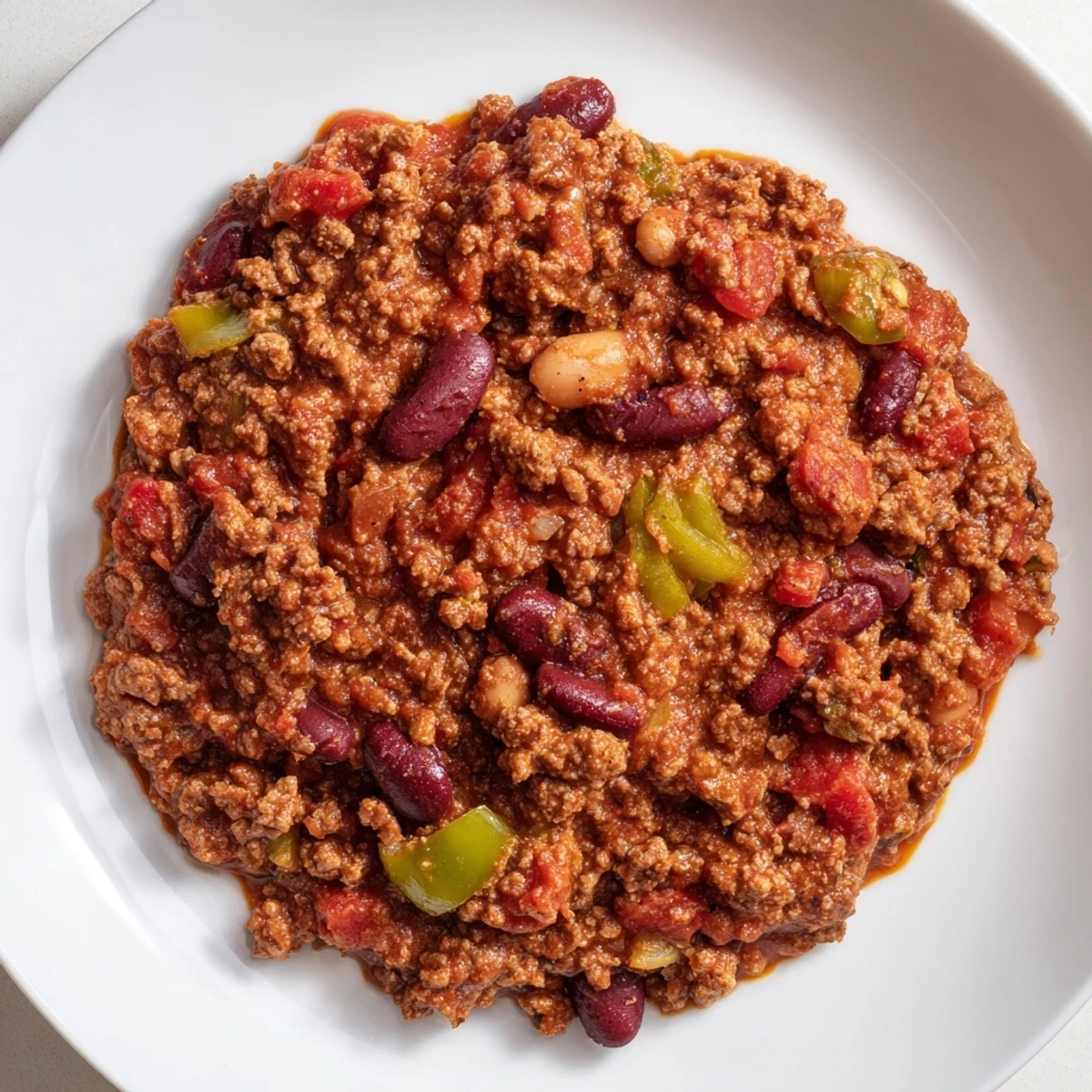 Serving of Tailgate Beef Chili with Beans ladled into a white bowl, topped with shredded cheddar, sour cream, and chopped green onions for a hearty game day meal.