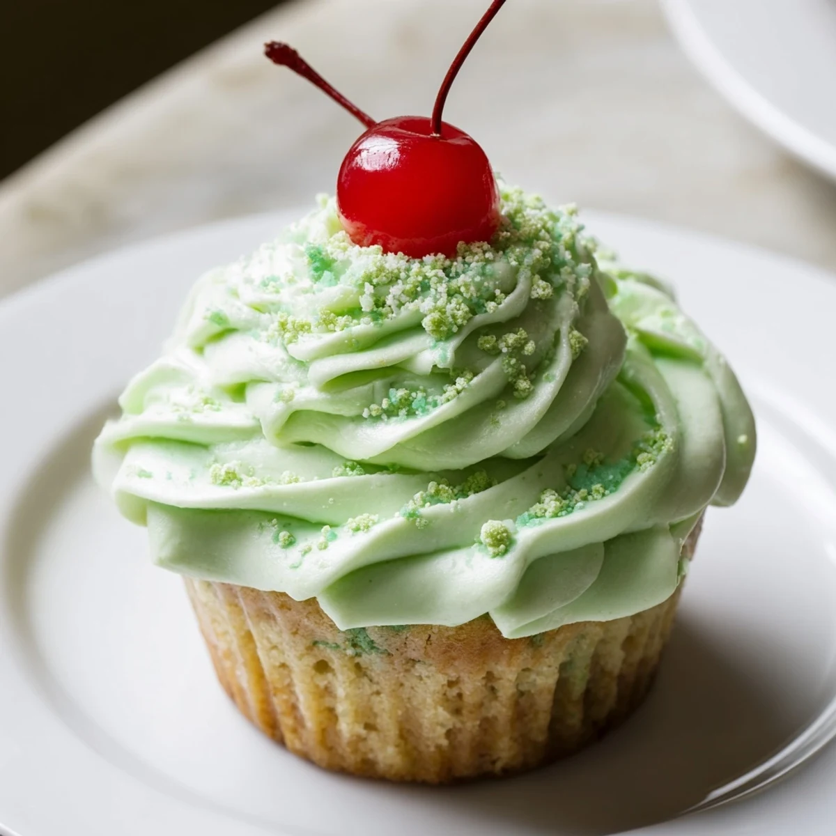 Freshly baked Shamrock Shake Cupcakes with mint frosting, topped with whipped cream and green sprinkles on a wooden board.
