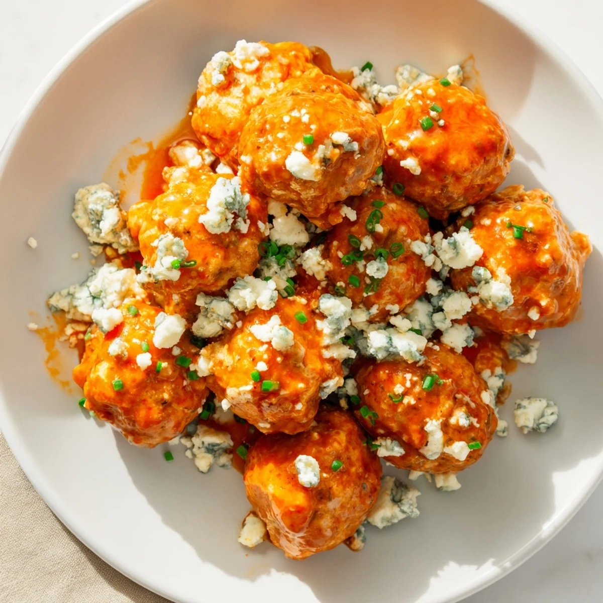 Juicy Buffalo Chicken Meatballs topped with creamy blue cheese crumbles and fresh parsley, ready to be served on a wooden board for game day.