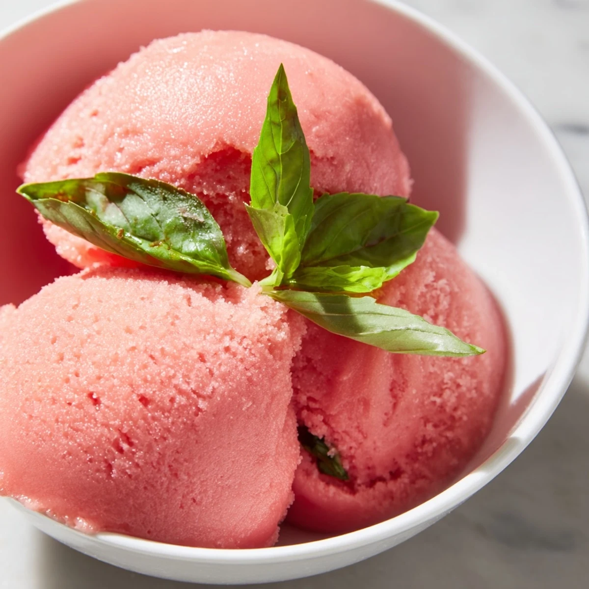 A scoop of pink grapefruit sorbet with basil in a white bowl, garnished with fresh basil leaves.