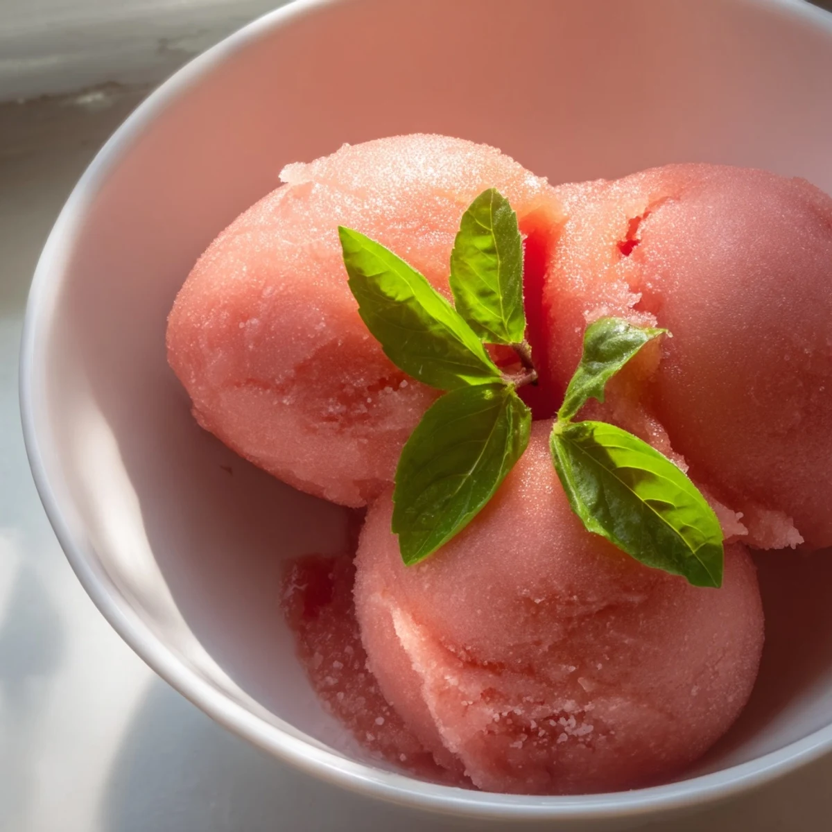 Pink grapefruit sorbet with basil in a chilled glass dish, showing a smooth, frosty texture.