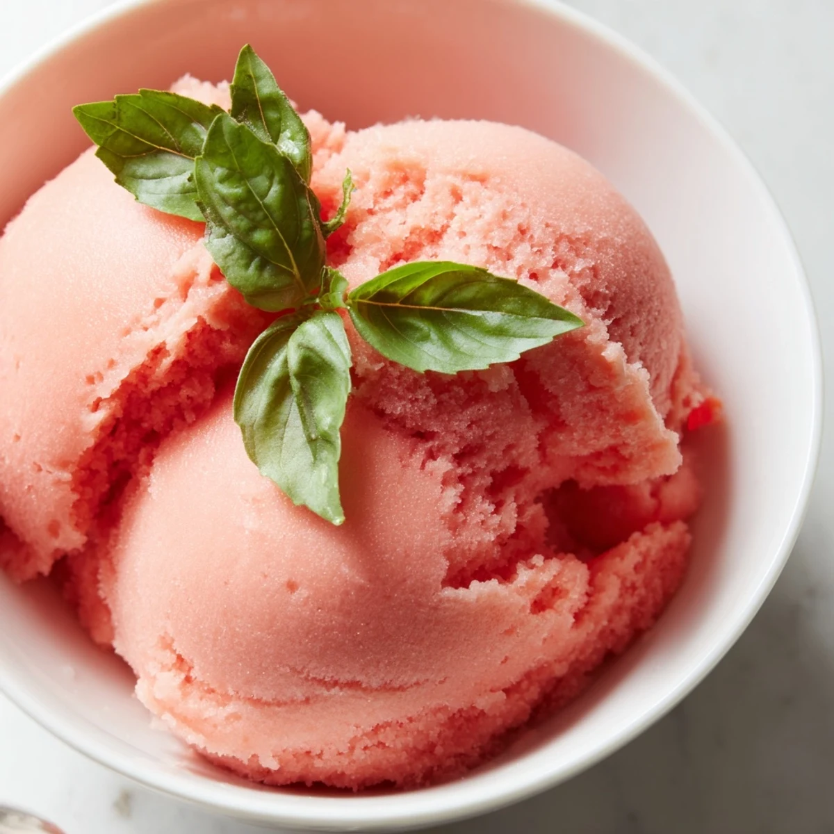 Clear glass scoop dipping into vibrant pink grapefruit sorbet with basil on a marble countertop.