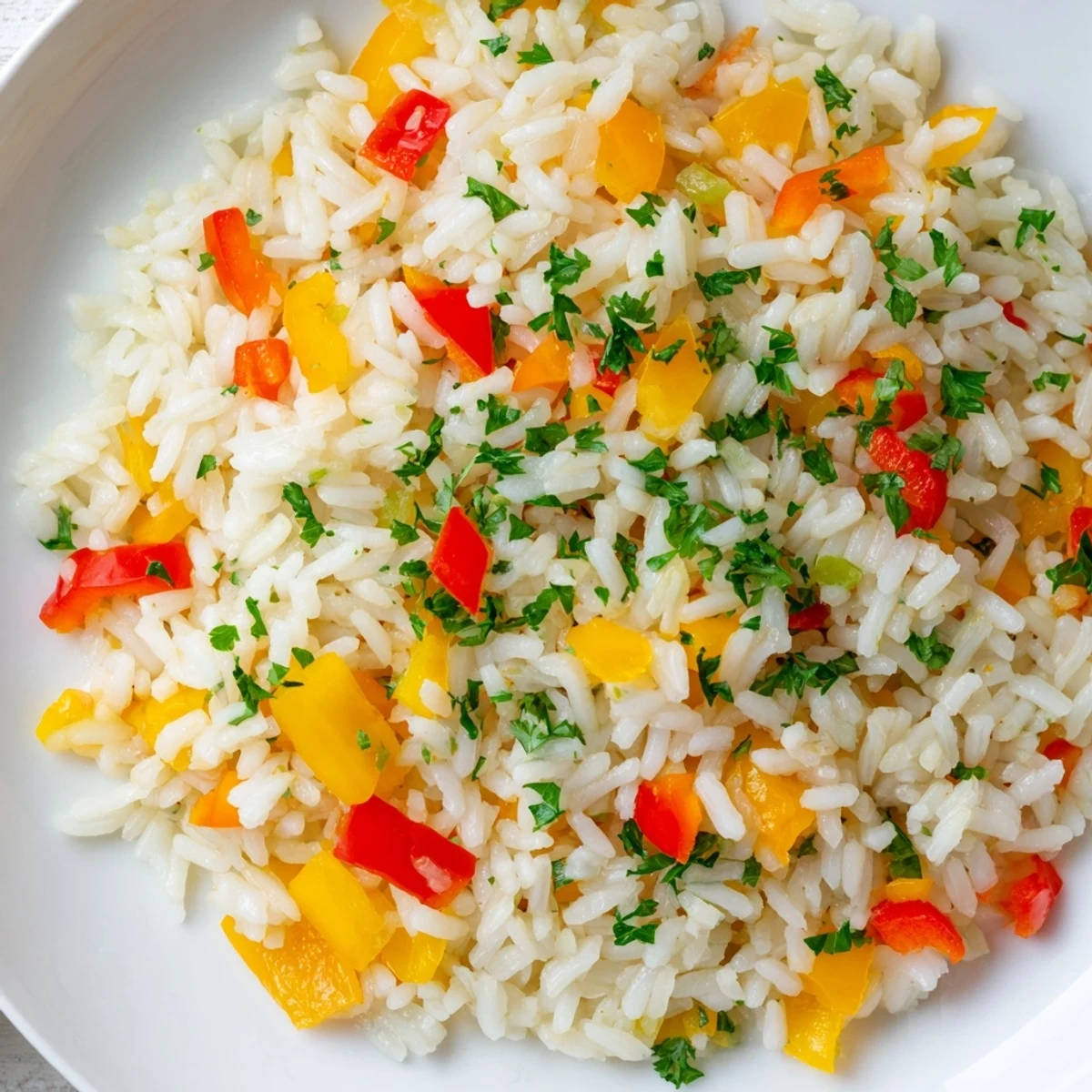 A close-up of vibrant Rice Pilaf with Peppers and Onions, featuring fluffy grains mixed with colorful sautéed vegetables.