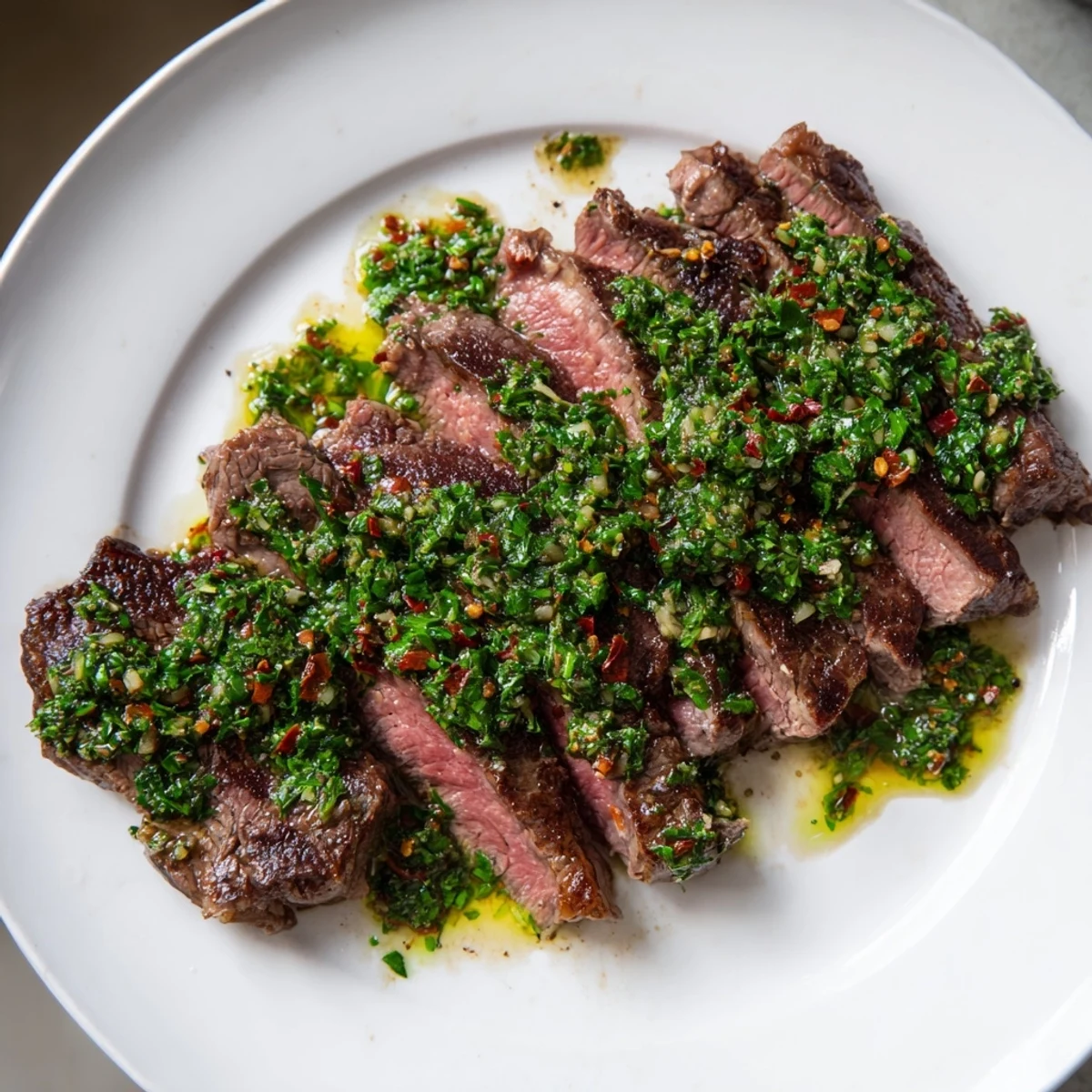 Sizzling, medium-rare Pan Seared Steak with Chimichurri topped with a vibrant green herb sauce and fresh parsley flakes.  
