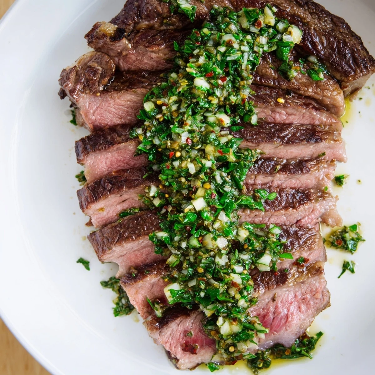 Perfectly seared Pan Seared Steak with Chimichurri, sliced thick to reveal a juicy pink center and drizzled with bold sauce.  