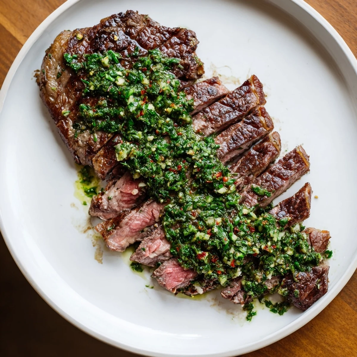 Pan Seared Steak with Chimichurri plated beside roasted potatoes, garnished with fresh oregano and red pepper flakes for Argentine flair.
