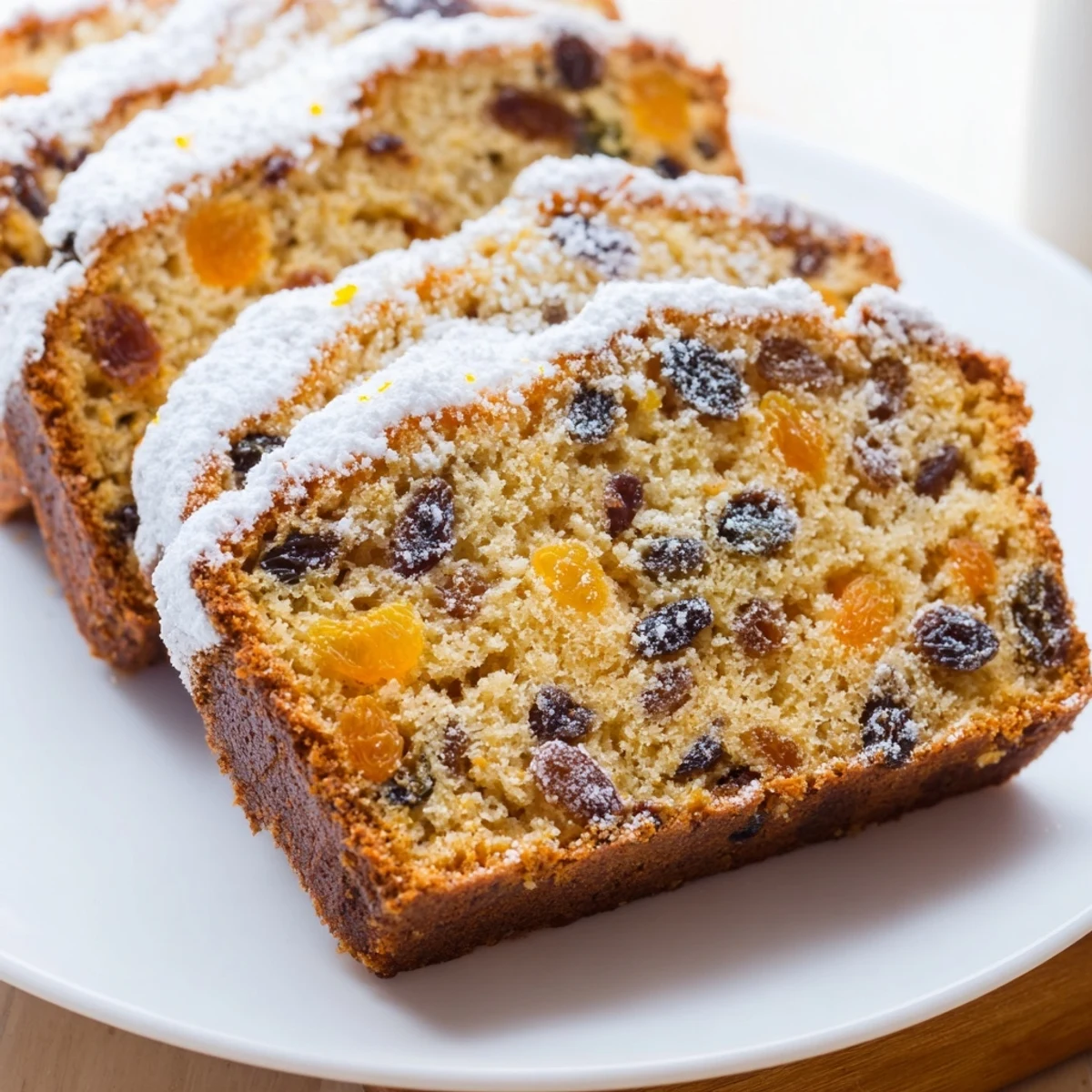 A slice of moist Irish Tea Cake with dried fruit, dusted with powdered sugar, rests on a white plate near a cup of tea.