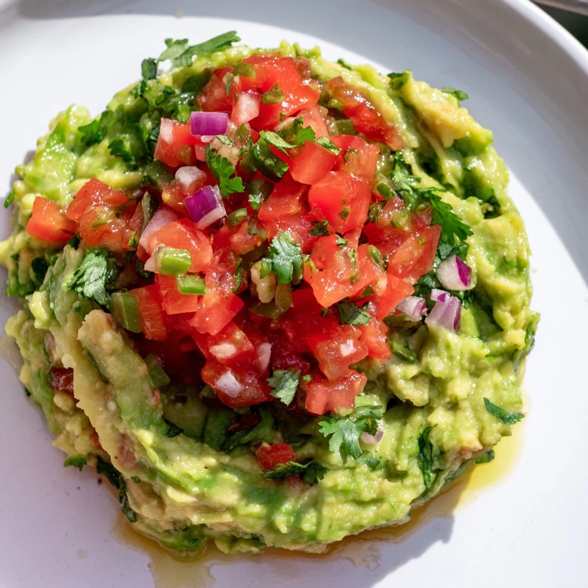 Creamy guacamole with chunky pico de gallo garnished with lime wedges, perfect for scooping at a casual party or game day snack.