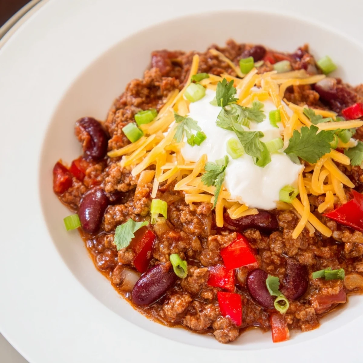 Close-up of Beef Chili with Kidney Beans topped with cilantro and green onions, perfect for a cozy American dinner.