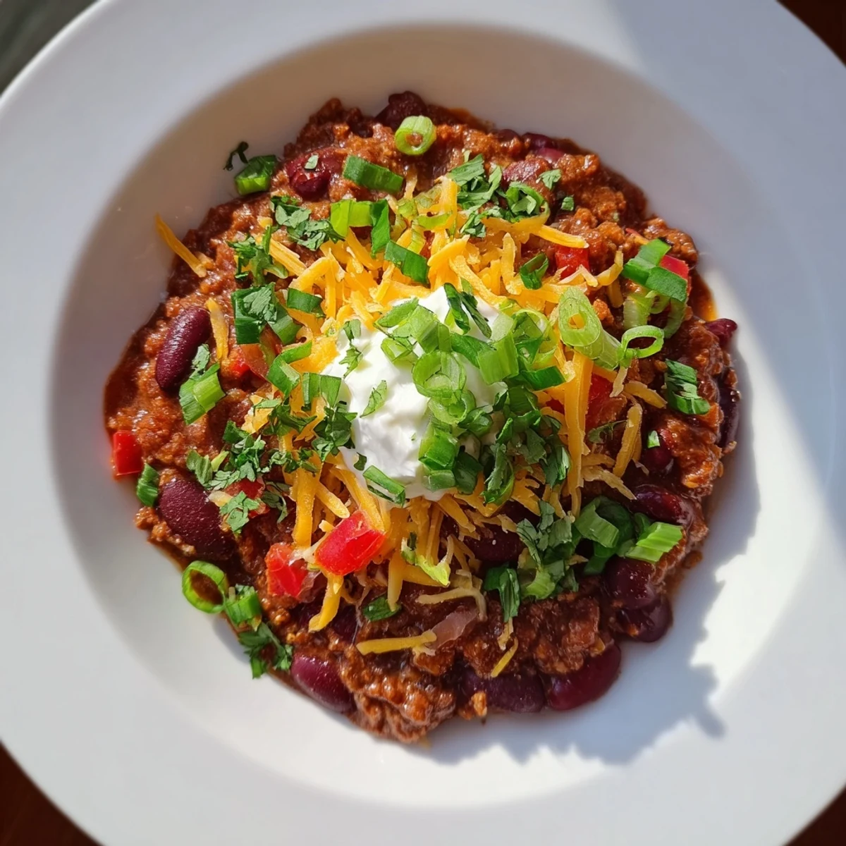 Hearty Beef Chili with Kidney Beans simmering in a pot, revealing tender ground beef and rich, aromatic tomato broth.