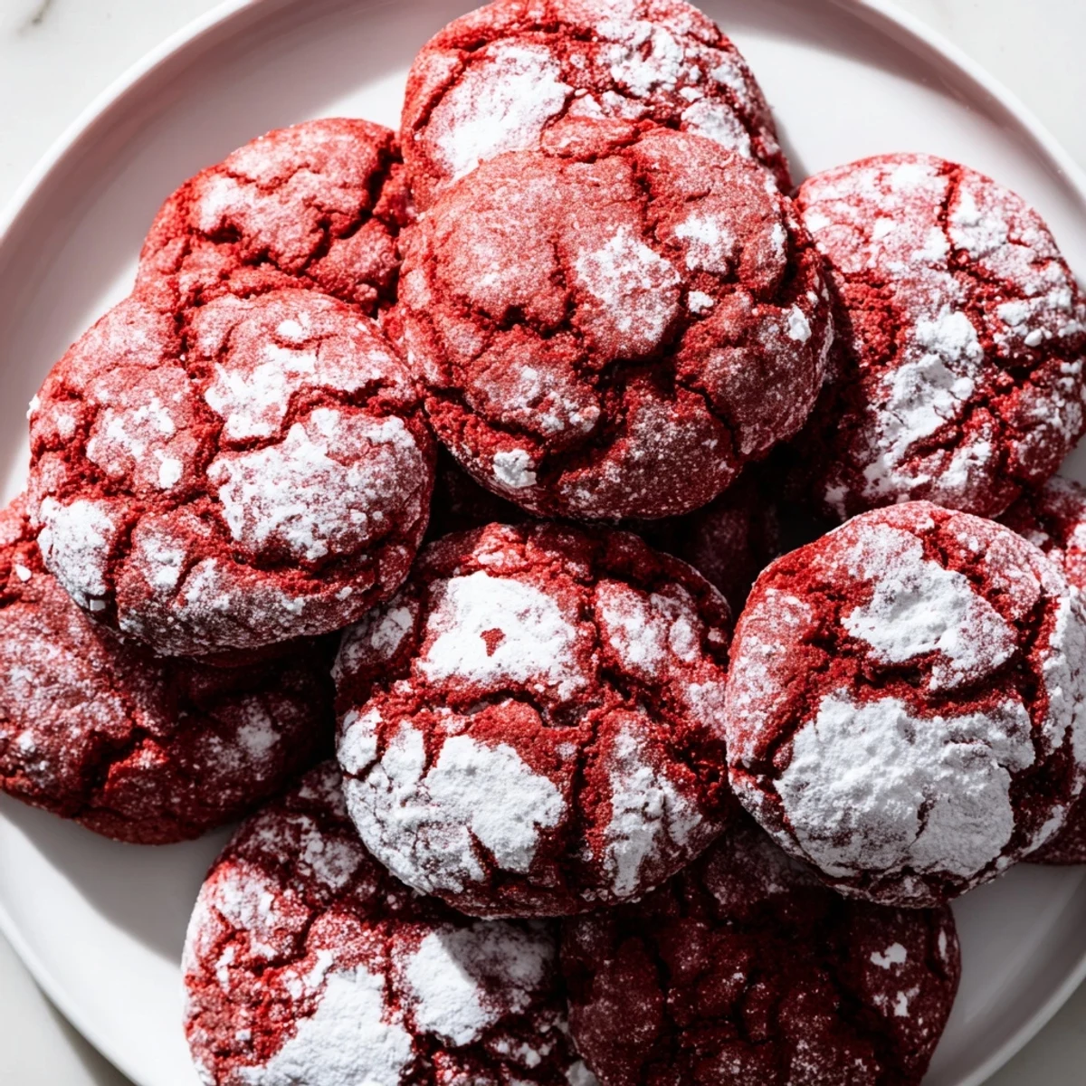 Freshly baked Red Velvet Crinkle Cookies dusted with powdered sugar on a rustic wooden board.  