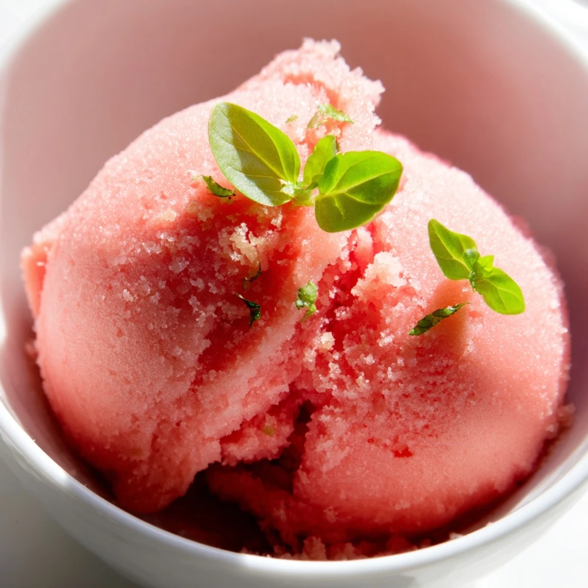 In a white ceramic dish, Pink Grapefruit Sorbet with Basil Garnish glistens, garnished with two tender basil leaves for a fragrant, tangy finish.