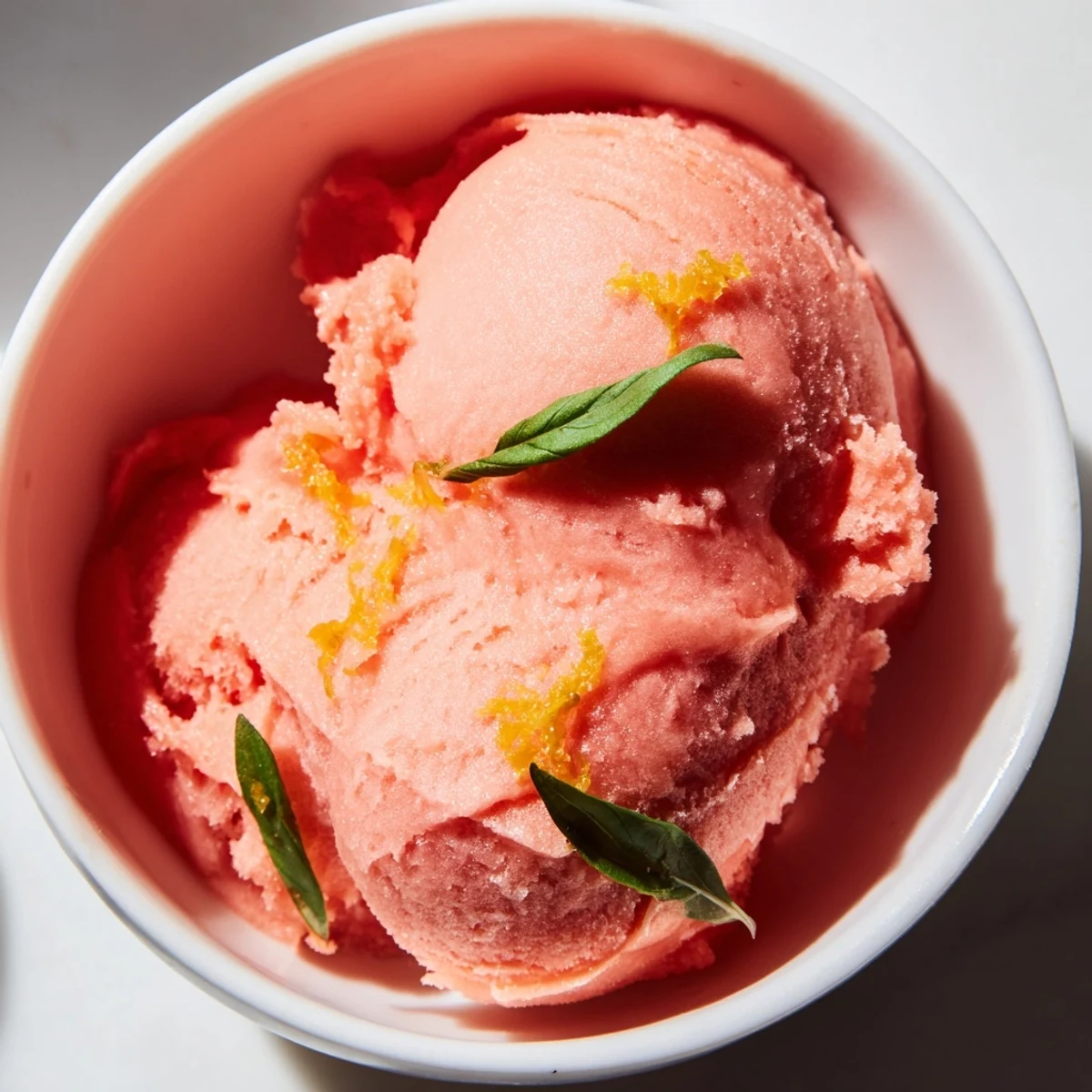 Pink Grapefruit Sorbet with Basil Garnish is served in a rustic bowl, with a spoon nearby and bright sunlight highlighting the refreshing citrus dessert.
