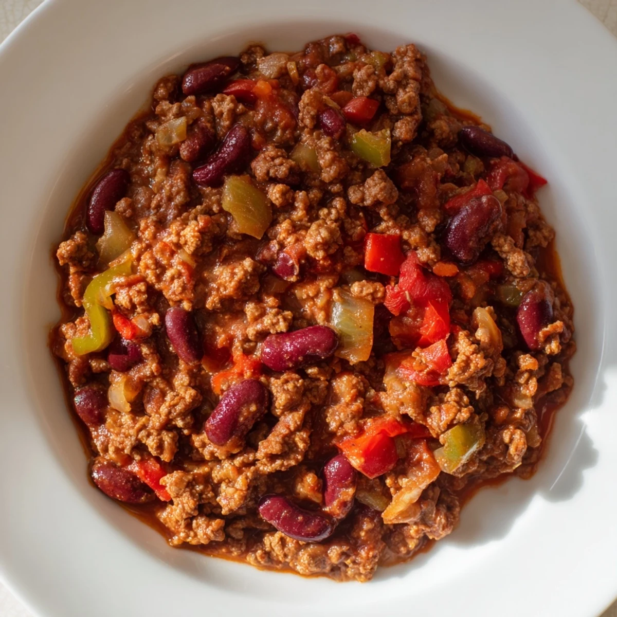 Rustic skillet of Beef Chili with Kidney Beans and Tomatoes served with shredded cheese garnish.