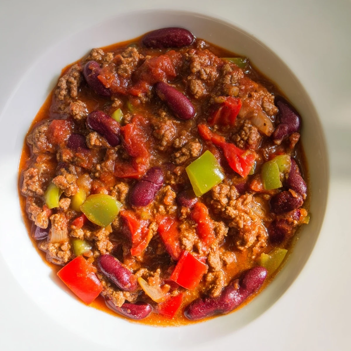 Close-up view of simmering Beef Chili with Kidney Beans and Tomatoes next to a slice of cornbread.