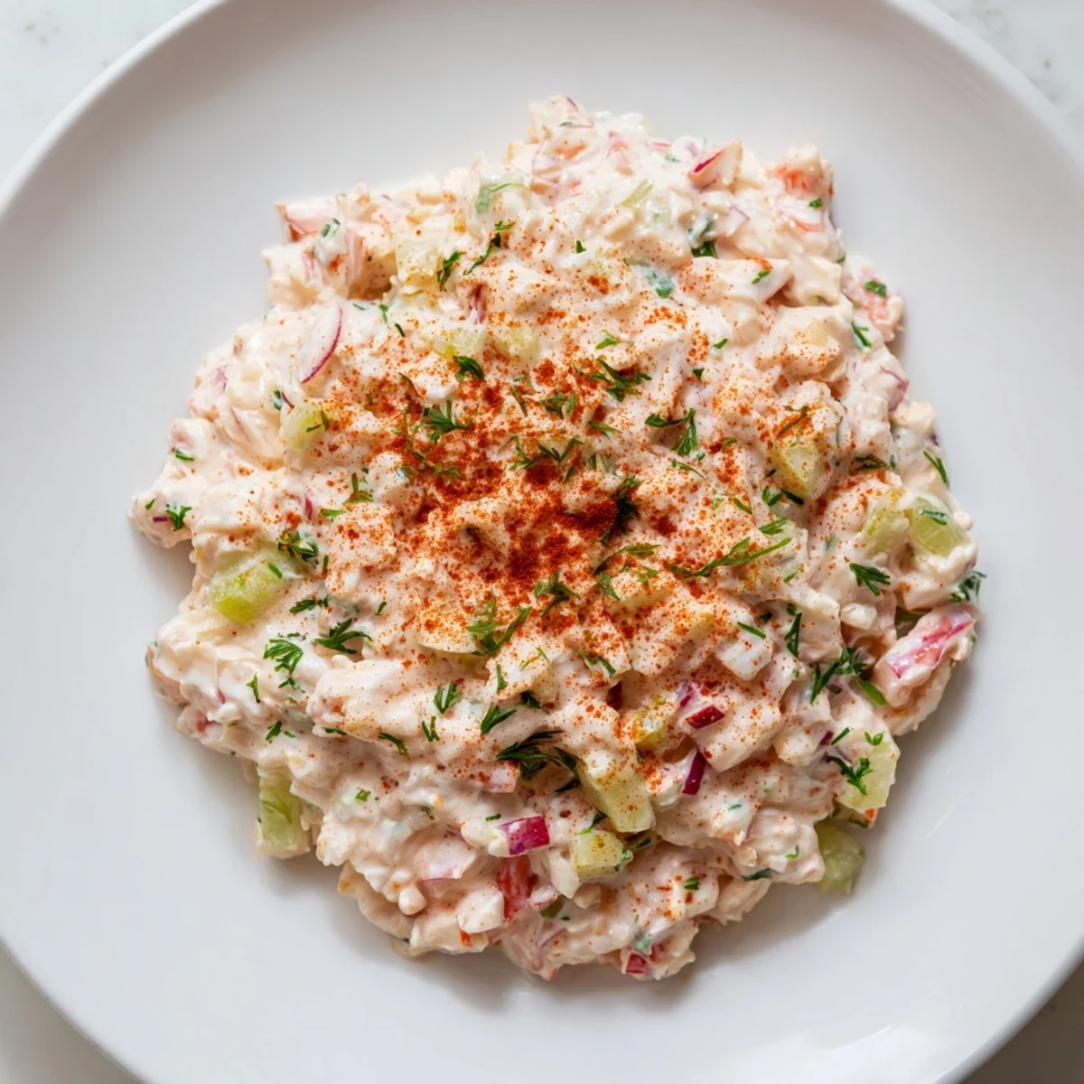 A bowl of zesty remoulade sauce with crab meat and aromatic herbs, garnished with fresh chives and capers.