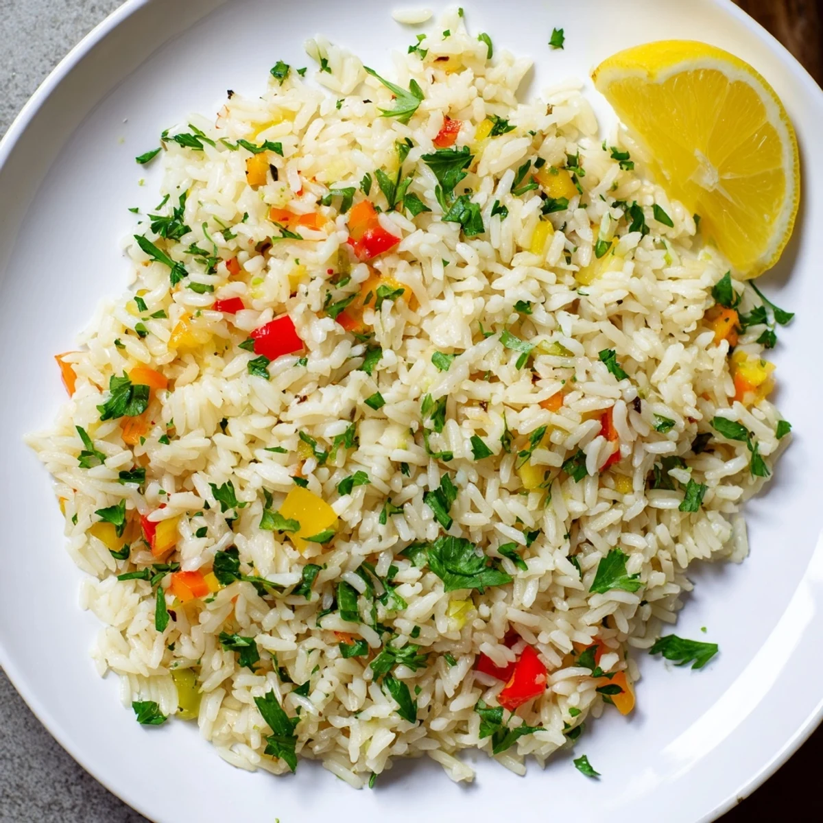 Colorful Rice Pilaf with Peppers and Onions steaming in a white dish, a vibrant side for any meal.
