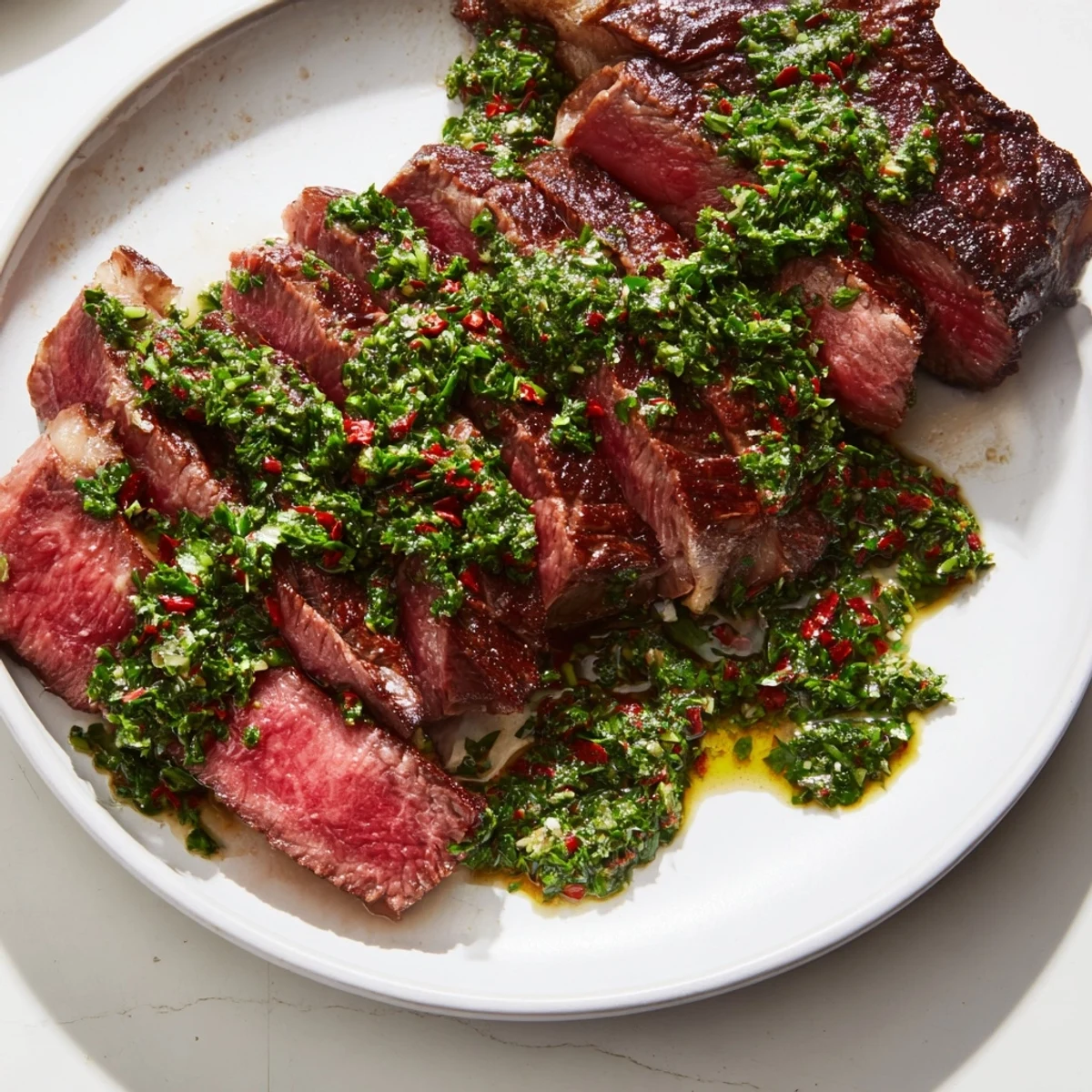 A close-up of pan seared steak with chimichurri sauce glistening over the juicy, perfectly seared ribeye slices.  