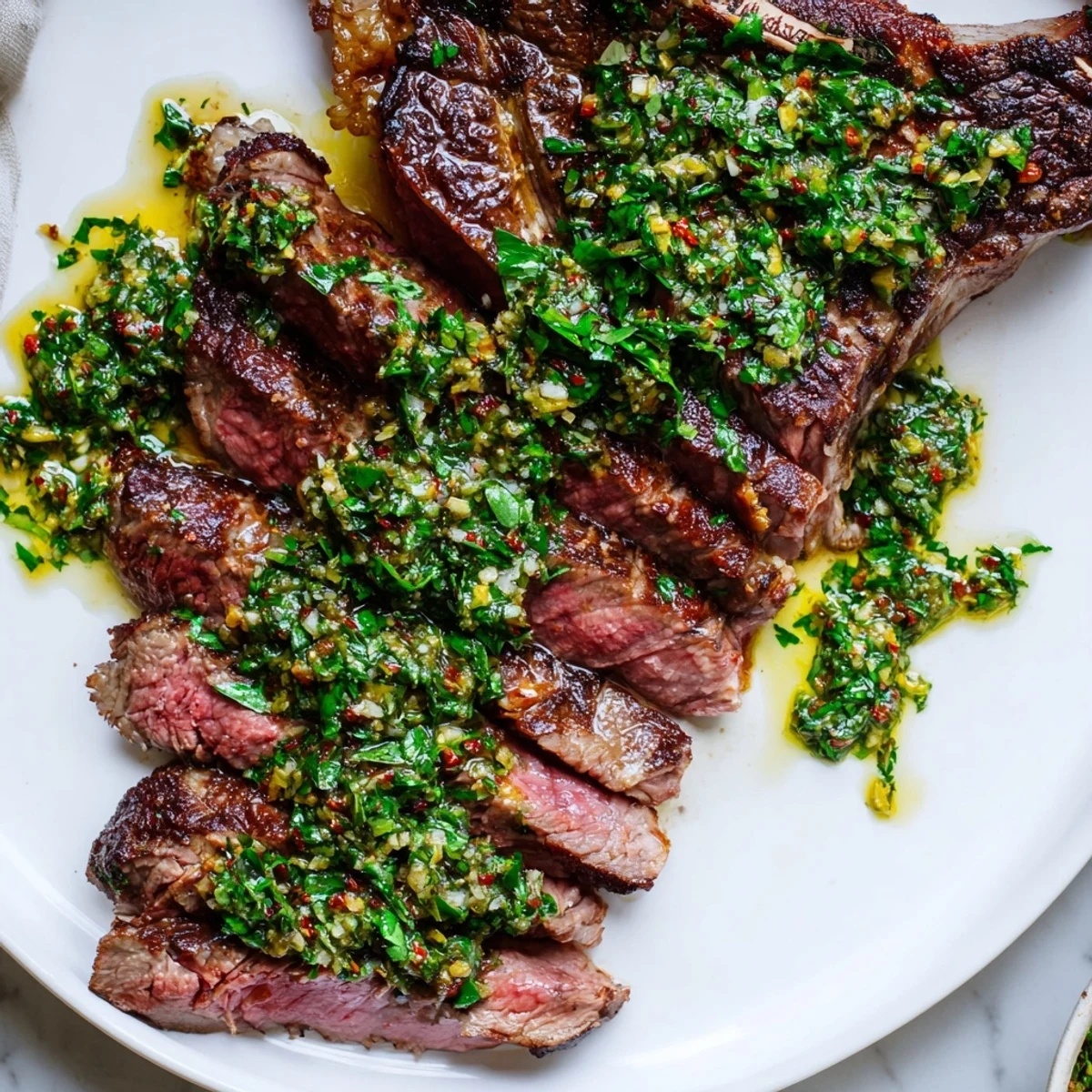 Pan seared steak with chimichurri sauce plated beside crispy roasted potatoes for a classic American dinner.