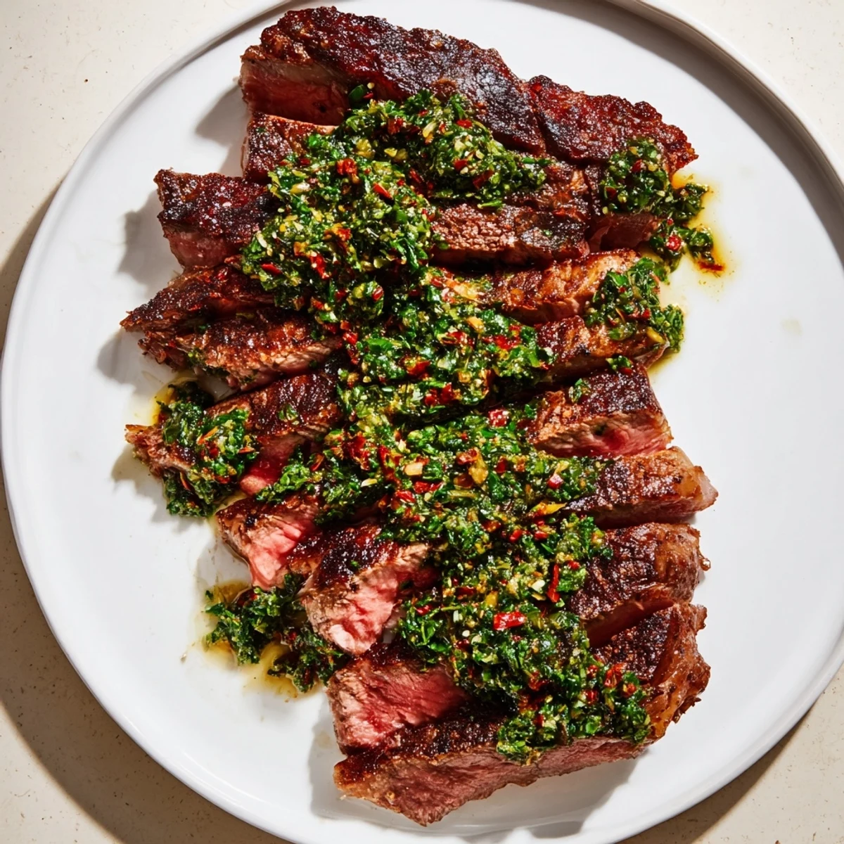 Slice of juicy pan seared steak with chimichurri sauce served on a rustic wooden board with fresh herbs.  