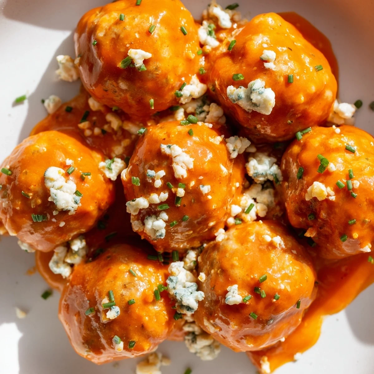 Golden-brown Buffalo chicken meatballs drizzled with spicy red sauce and topped with crumbled blue cheese on a platter.  