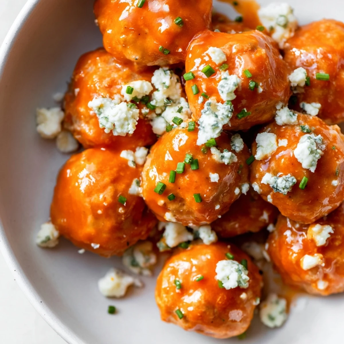 Freshly baked Buffalo chicken meatballs garnished with chives, served alongside crisp celery and carrot sticks.  
