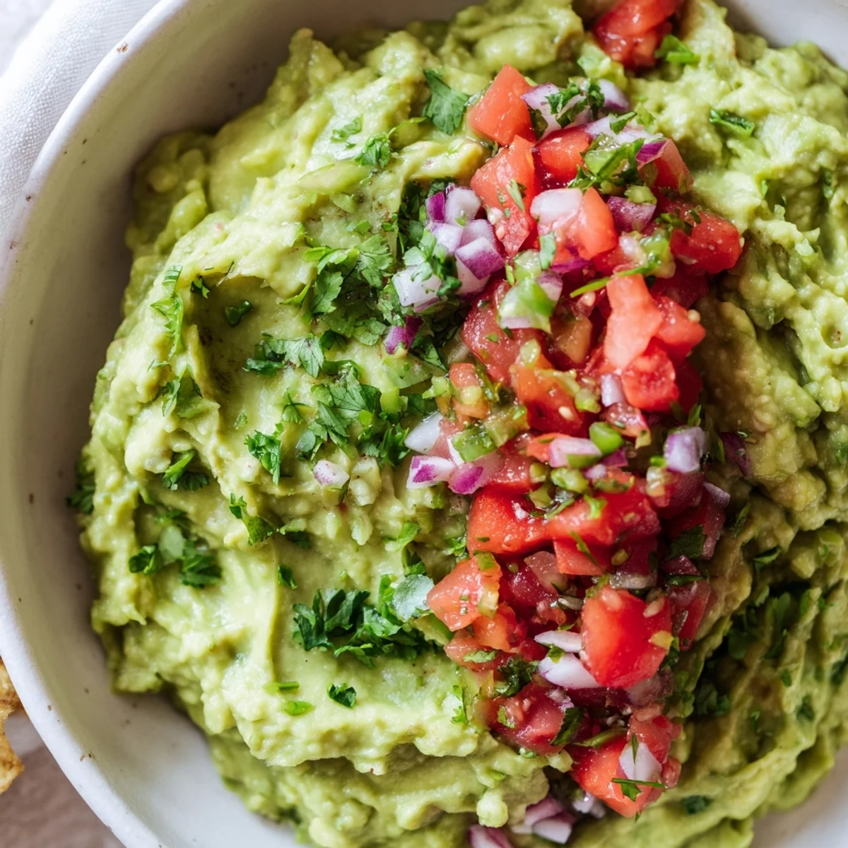 The freshly made guacamole with chunky pico de gallo is served in a rustic dish, featuring creamy avocado and diced tomatoes.