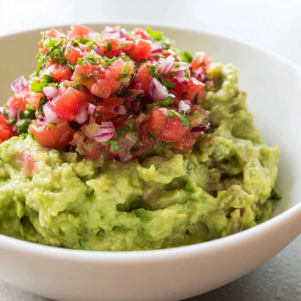 A vibrant bowl of guacamole with chunky pico de gallo, topped with fresh cilantro, next to crispy tortilla chips for dipping.